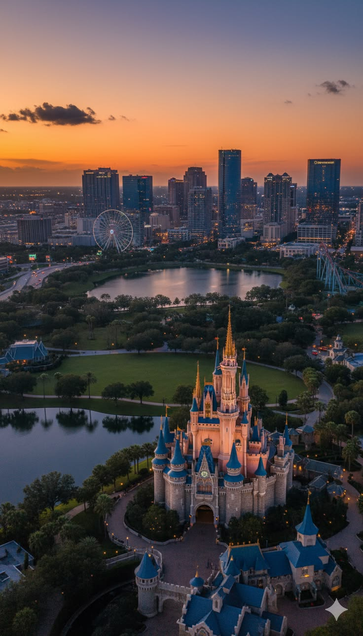 Castelo da Cinderela ao pôr do sol com o skyline de Orlando ao fundo