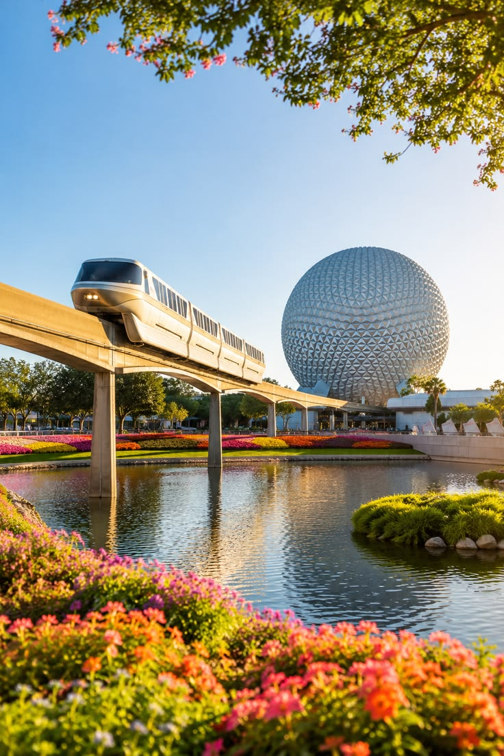 Monorail passando em frente à Spaceship Earth no Epcot